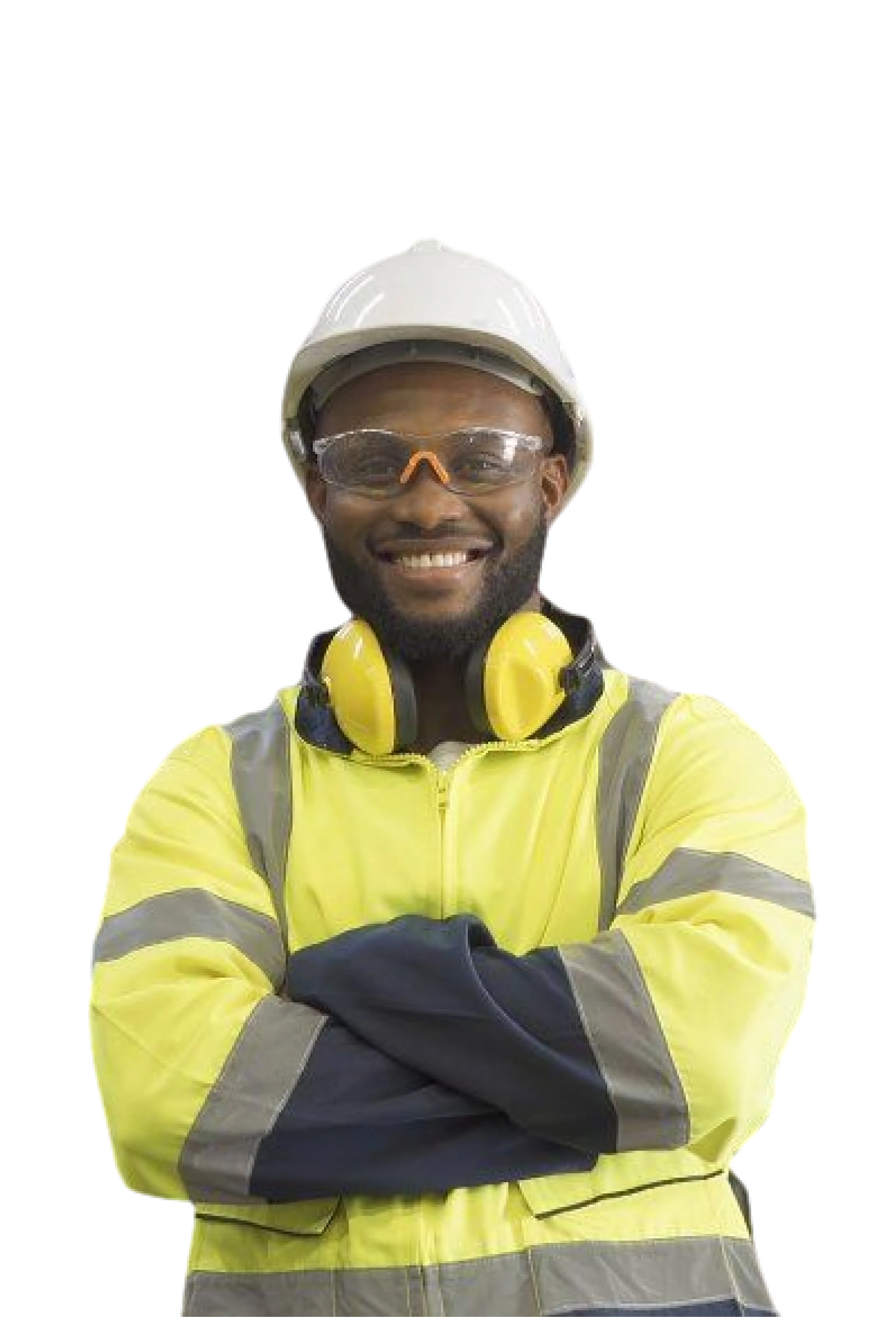 A smiling engineer in reflective clothing wearing a construction hat and crossing his arms.